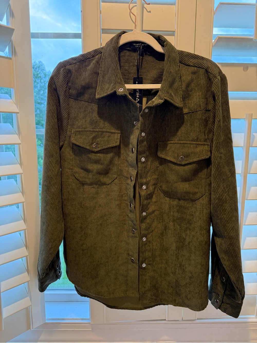 Velvet Heart Olive Corduroy Shacket with Snap Front